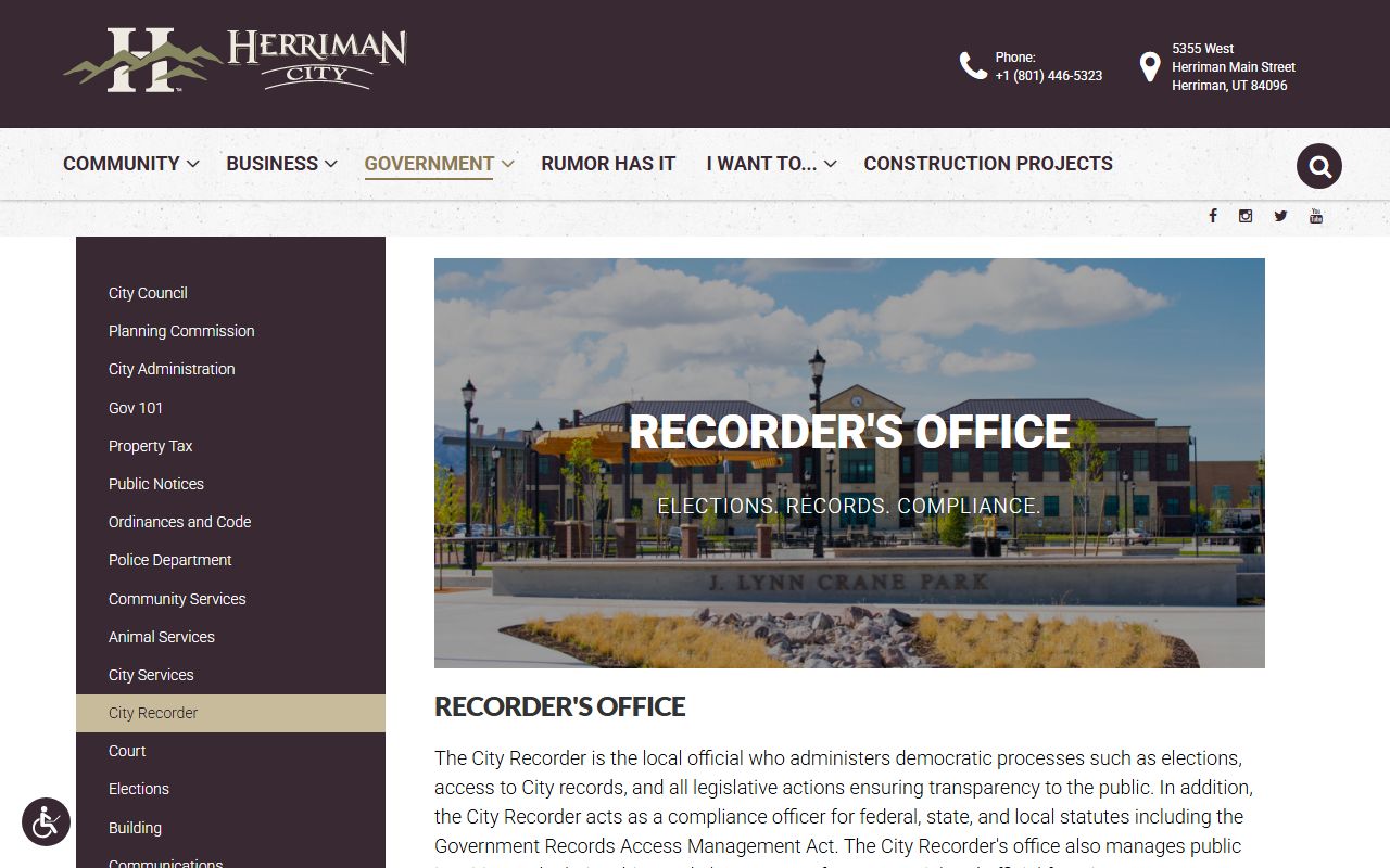 Herriman Marriage Records city recorder page
