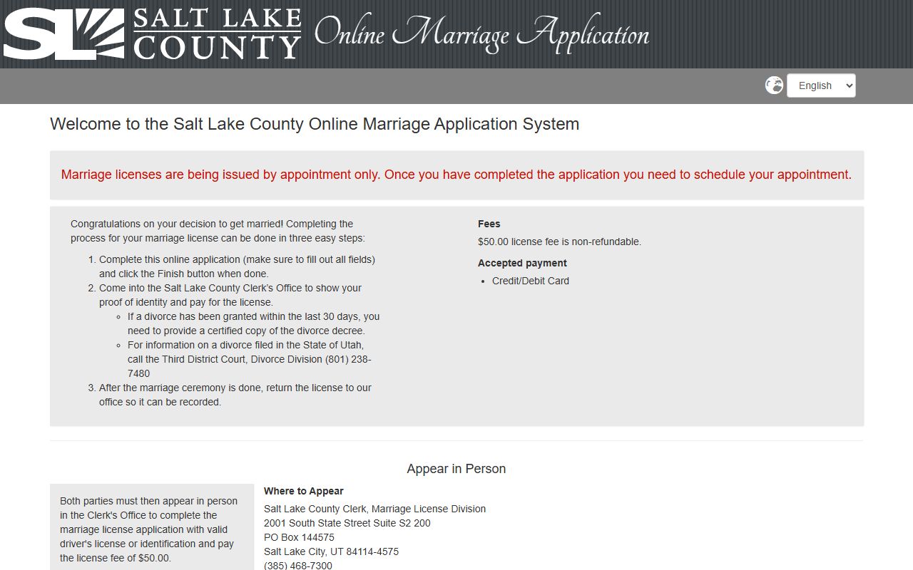 Salt Lake County Marriage Records online marriage application portal