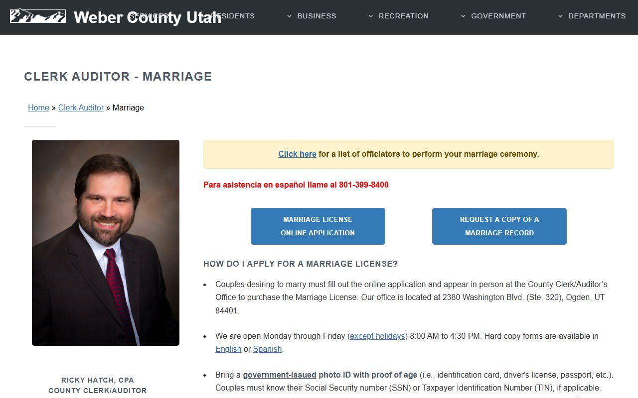 Weber County marriage records marriage information page