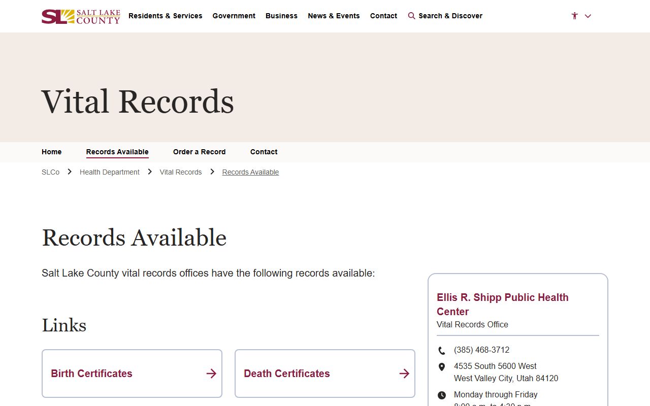 Utah Marriage Records Salt Lake County Health vital records page